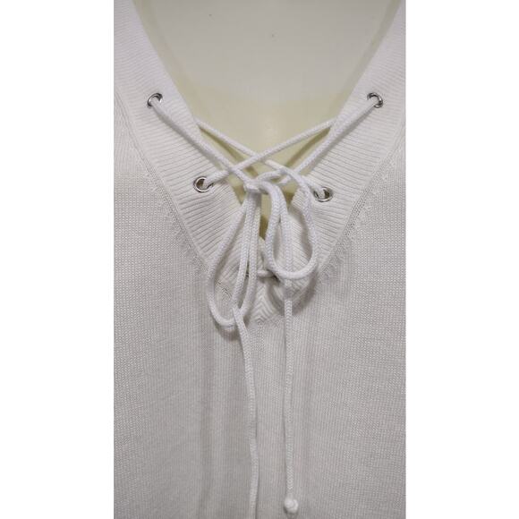 Repeat Lace Up Neck Long Sweater with 3/4 Sleeves, Cream, Size XS - Picture 4 of 7